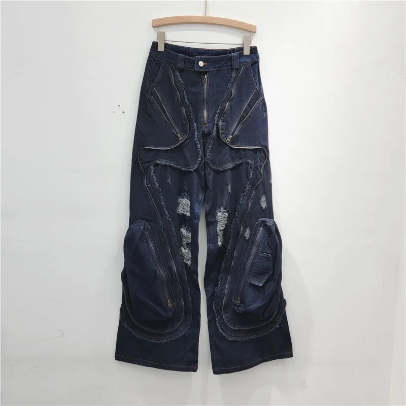 

Women Vintage Hole Raw Edge Straight Denim Pants Fashion Trendy Zippers Button Cargo Jeans Female 2024 Spring New