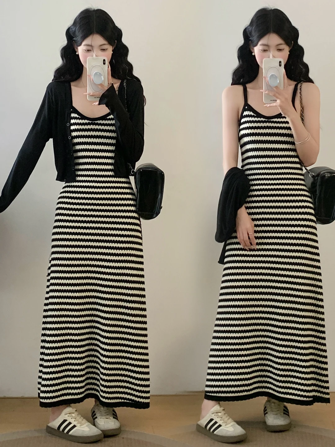 

plus Size Casual Versatile Concealing Striped Tank Dress Fat MM Open Cardigan Two-Piece Set Vintage High-End Slim Long Dress ...