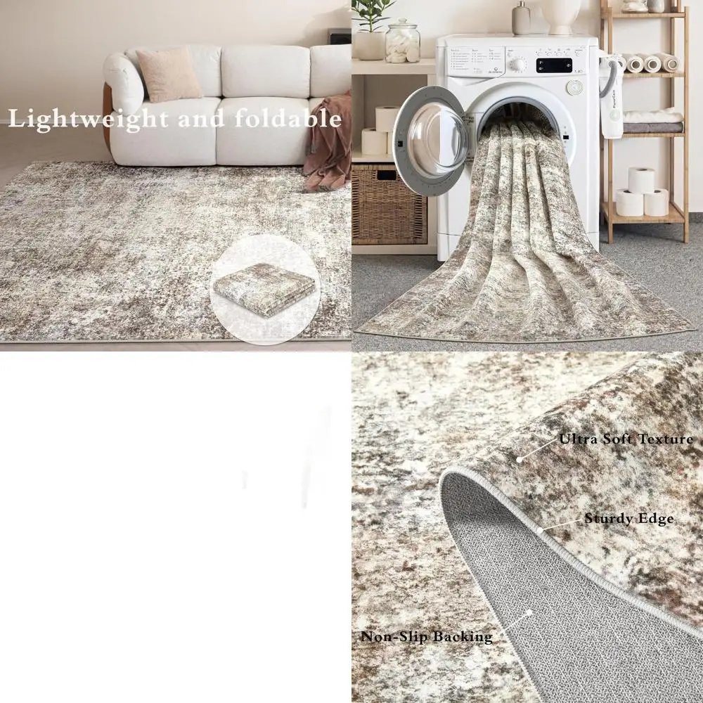 

Мягкий современный ковер 6x9 футов, нейтральный абстрактный дизайн, моющийся, для гостиной, спальни, столовой, домашнего офиса, детской комнаты - коричнево-серый