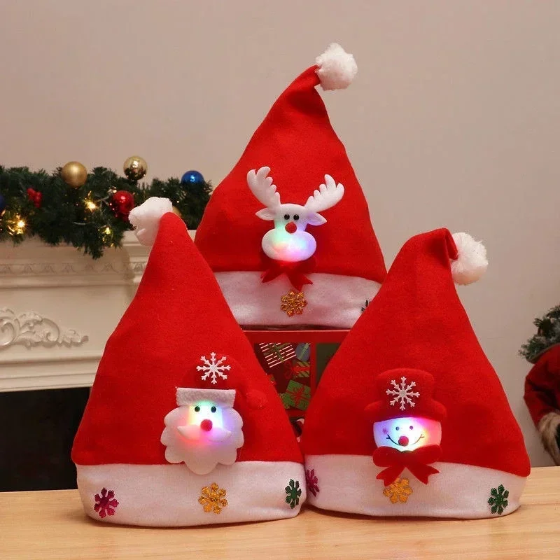 LED Christmas Hats Light Up Cap Santa Claus Hat Snowman Elk Xmas Hat for Adult Kids New Year Festive Holiday Party Supplies