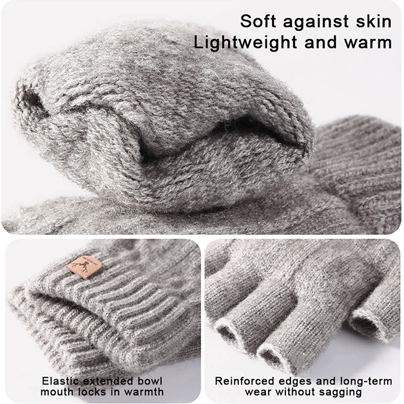 Winter Gloves For Men Half Finger Writting Office Cycling Knitted Gloves Students Alpaca Wool Warm Thick Elastic Driving Gloves