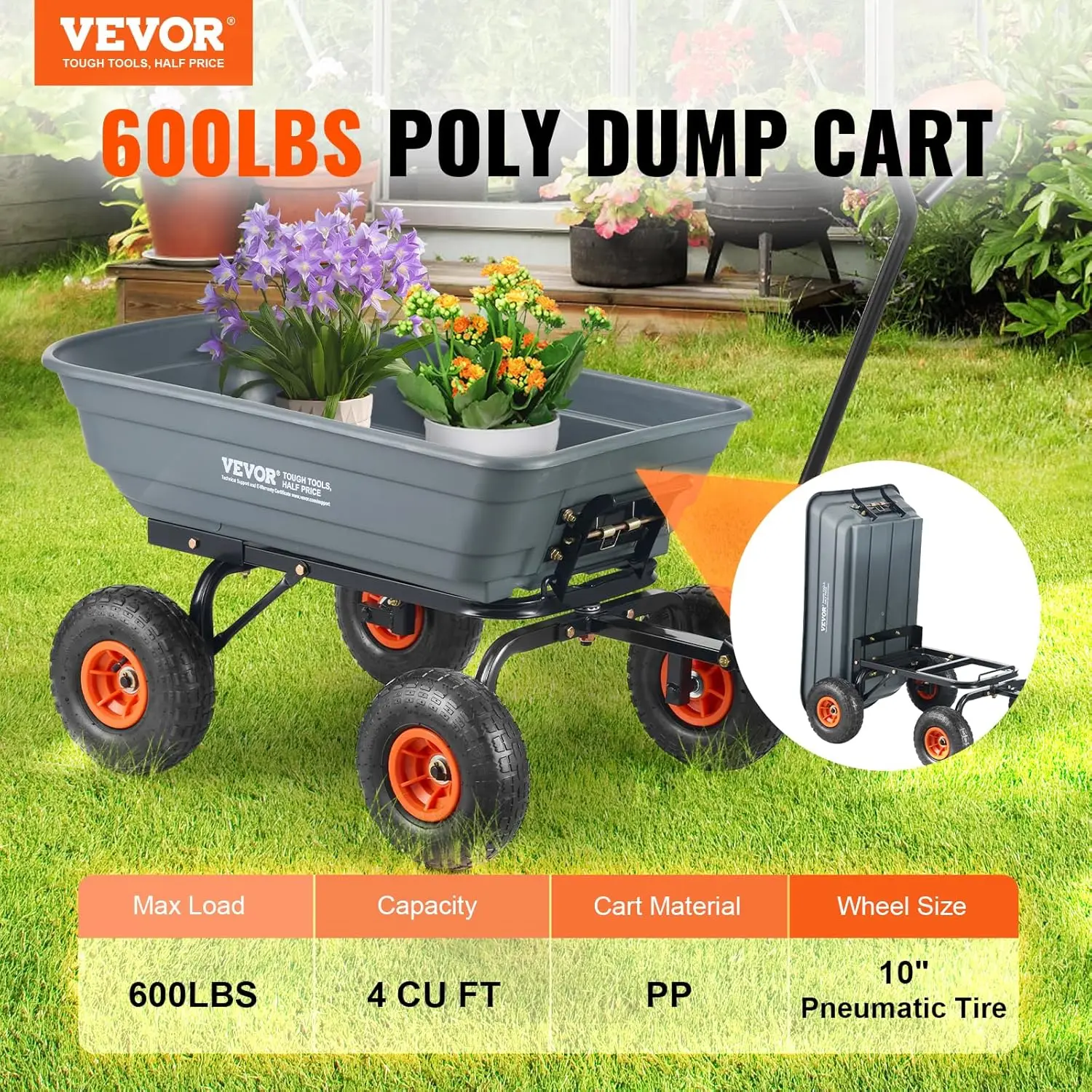 Vevor 4 Cu.Ft. Poly Garden Dump Wagon, Heavy Duty Quintal Dump Cart Wagon, Carrinho de 4 rodas com 10in All Terrain, 600Lbs