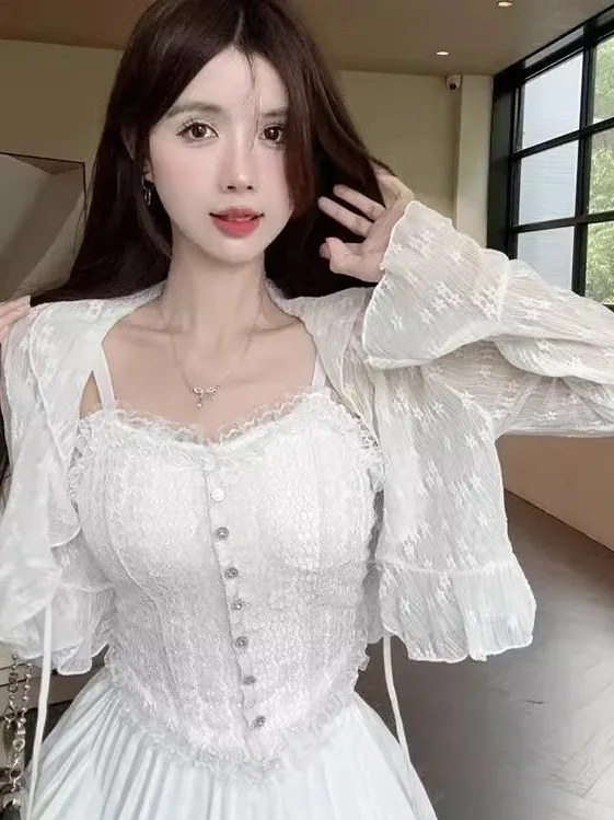 퓨어 디자이어 슬레 레이스 트림 벨트드 또는 오픈 카디건 스파이시 걸 벨 슬리브 자외선 차단 의류 에어컨 셔츠