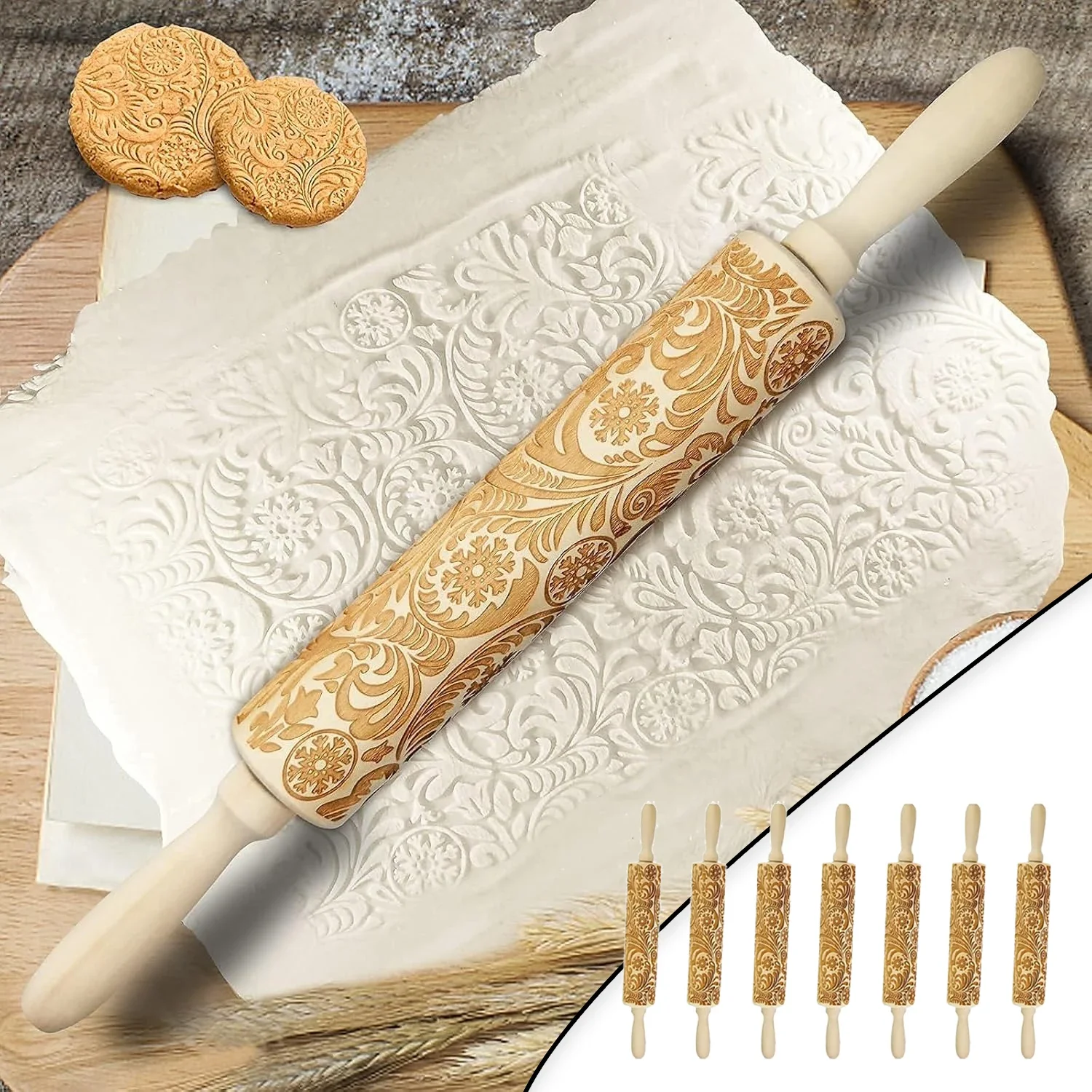 Laser-Engraved Wooden Rolling Pin Christmas Flower, Snowflake & Paisley Embossing Design for Baking