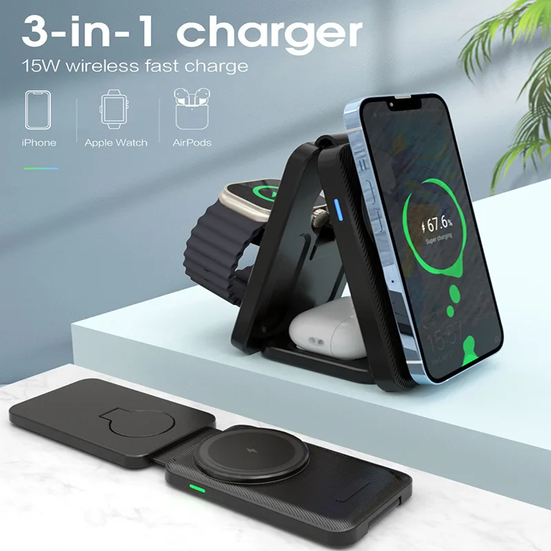 

3 in 1 Wireless Charging Station Multifunction Magnetic 15W Wireless Fast Charger Portable for iPhone Apple Watch AirPods
