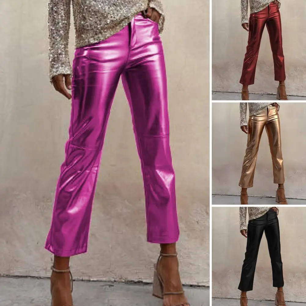 Women Faux Leather Pants Slim Fit Glossy Smooth Surface Zippered Pants Elegant Women's Mid Waist Zipper Button Closure Trousers