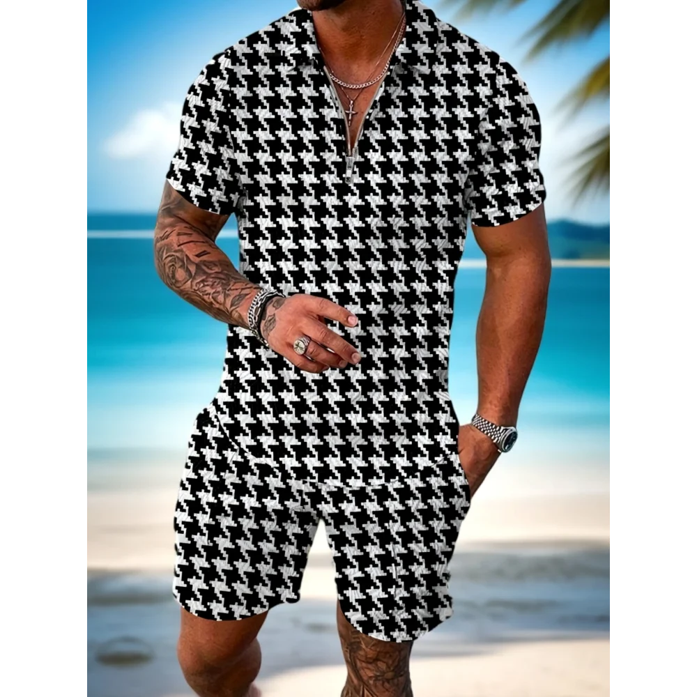 

Plus Size Mens Fashionable Plaid Graphic Shirt Shorts Set Breathable, Form-Fitting & Quick-Drying for Summer, Casual Comfort