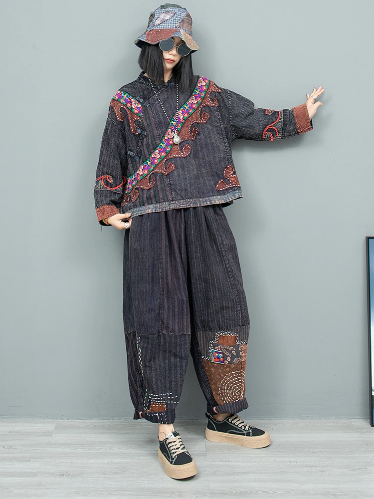 Heavy Industry Hand Embroidered Outfit Diagonal Buckle Long Sleeved Top + Harem Pants Two-piece Set Women 2024 Autumn LX2193