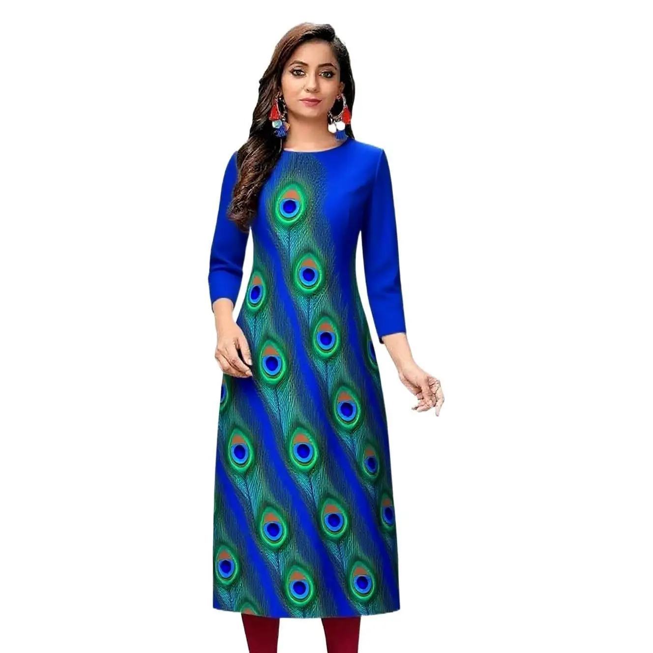 Kurt women's casual fashion dress long sleeved straight tube casual ethnic peacock round neck regular size design sense 2026