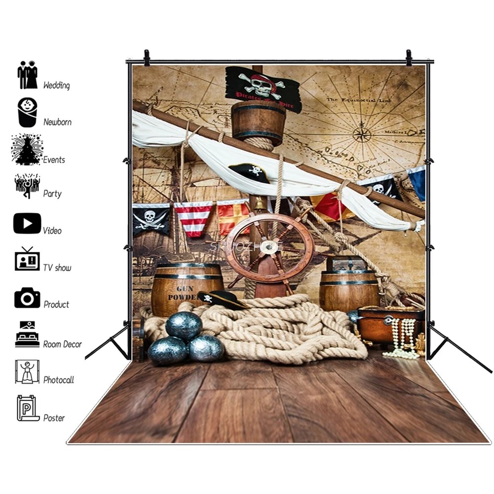 Birthday Backdrops For Photography Pirate Ship Deck World Map Party Baby Child Portrait Photo Backgrounds Photocall Photo Studio