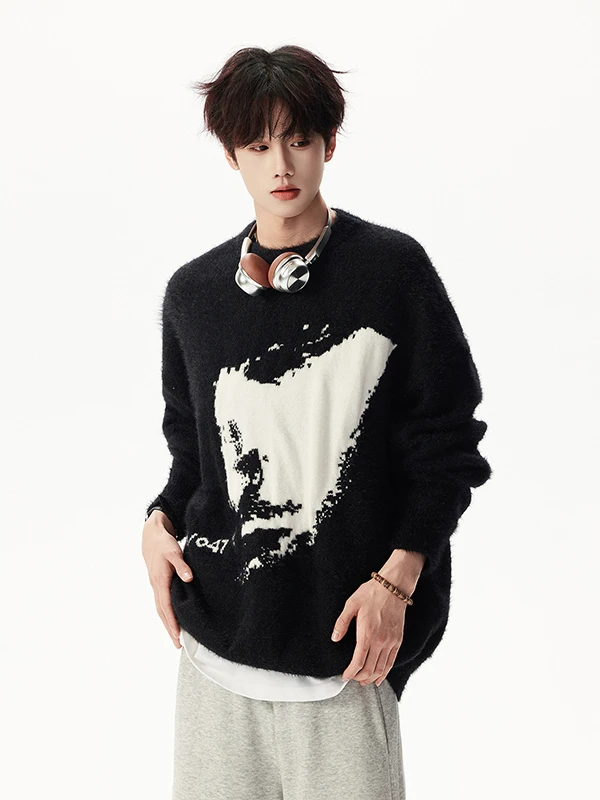 2025 Spring and Autumn Men's High-end Jacquard Design Loose Casual Fashion Black Crew Neck Long Sleeve Knit Sweater