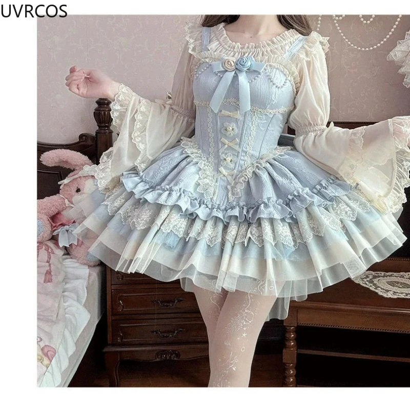 بلوزات يابانية على طراز لوليتا كاواي للسيدات عتيقة بكشكشة حلوة ورقبة دائرية وأكمام مضيئة داخل القمم صيفي لطيف شفاف من خلال القمصان