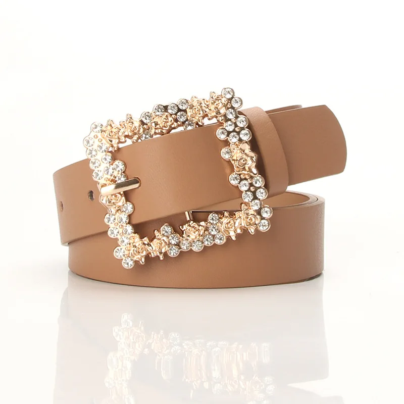 Fashionable Belts for Woman Shiny Rhinestone Beautiful Square Wreath Metal Buckle Solid Color PU Belts