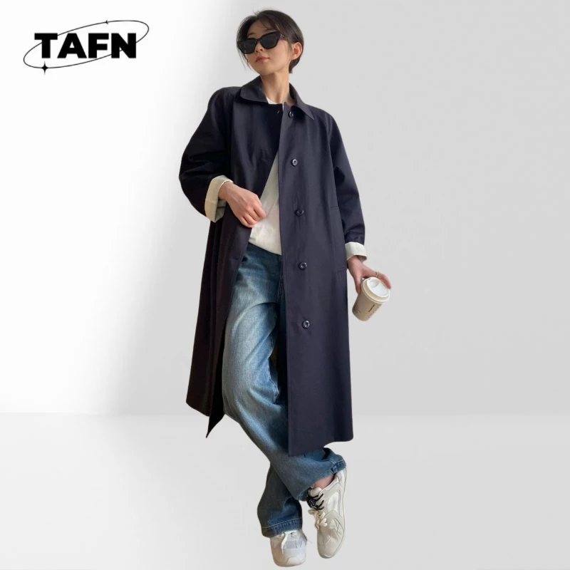 REAL WOOL Trench Coat Notched Lapel Single Breasted Balloon Long Sleeve Outerwear Luxury Navy Windbreaker BH1962