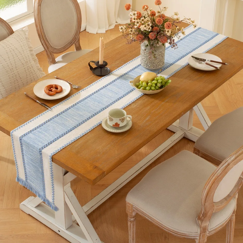 Splicing Color Farmhouse Table Runner with Gradient Tassel Non-slip Long Tablecloth Stain-resistant Rectangular Table Cover
