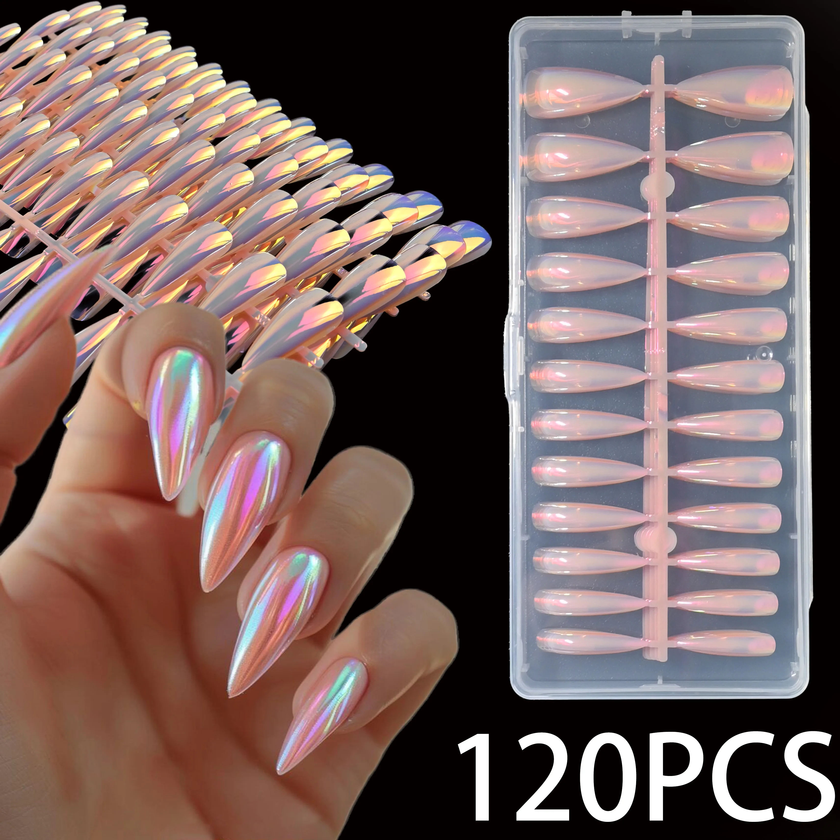 120 Stück extra lange, pinkfarbene, galvanisierte Stiletto-Press-on-Nägel, glänzende Textur, abnehmbares Design, einfach Ihr Nagel-Styling aufwerten.