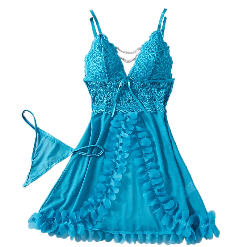 Women Blue Perspective Lace Sling Backless Pajamas Nightdress Set