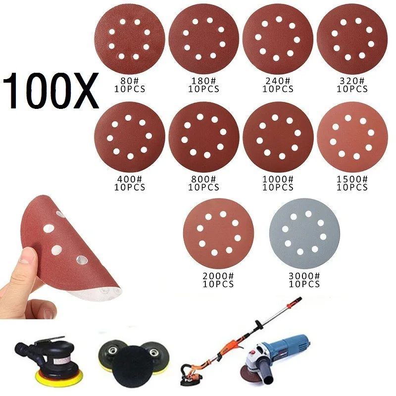 

100tlg Grinding Wheels Circular Grinding Blades 125 mm Velcro Eccentric sandpaper 8 Holes Round Grain P80-P3000