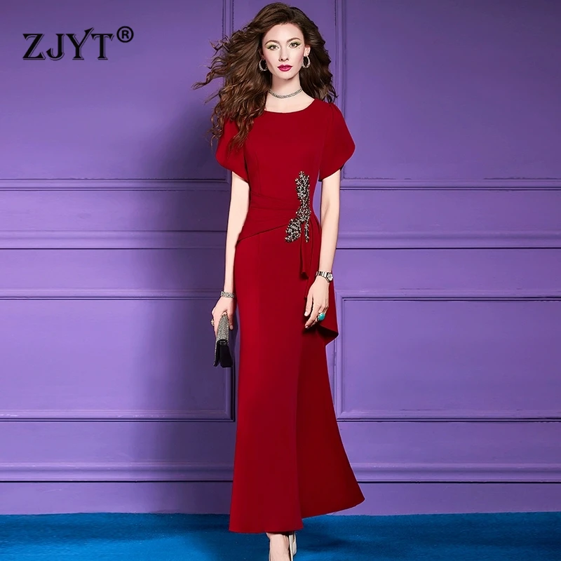 

ZJYT Elegant Luxury Diamonds Long Red Wedding Party Evening Gown Dress Women Summer Short Sleeve Plus Size Female Clothing 2025