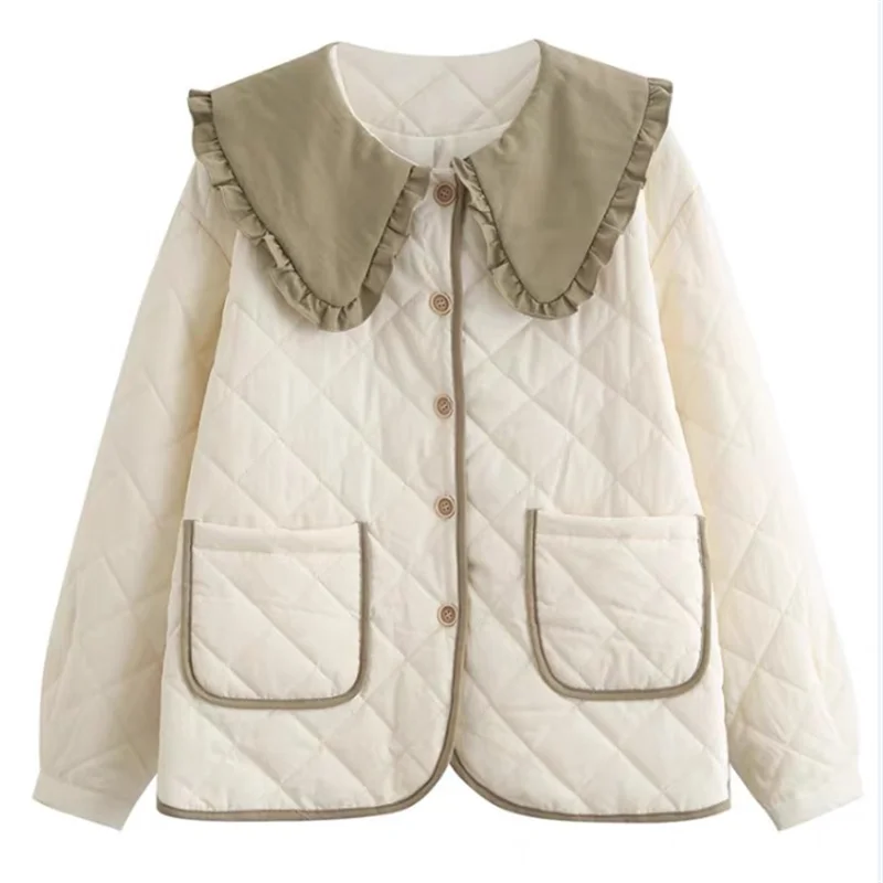 Splicing Doll Collar Cotton-padded Jacket Coat Autumn Winter Women Outerwear 2025 New Diamond Warm Cotton Clothes Women Clothing