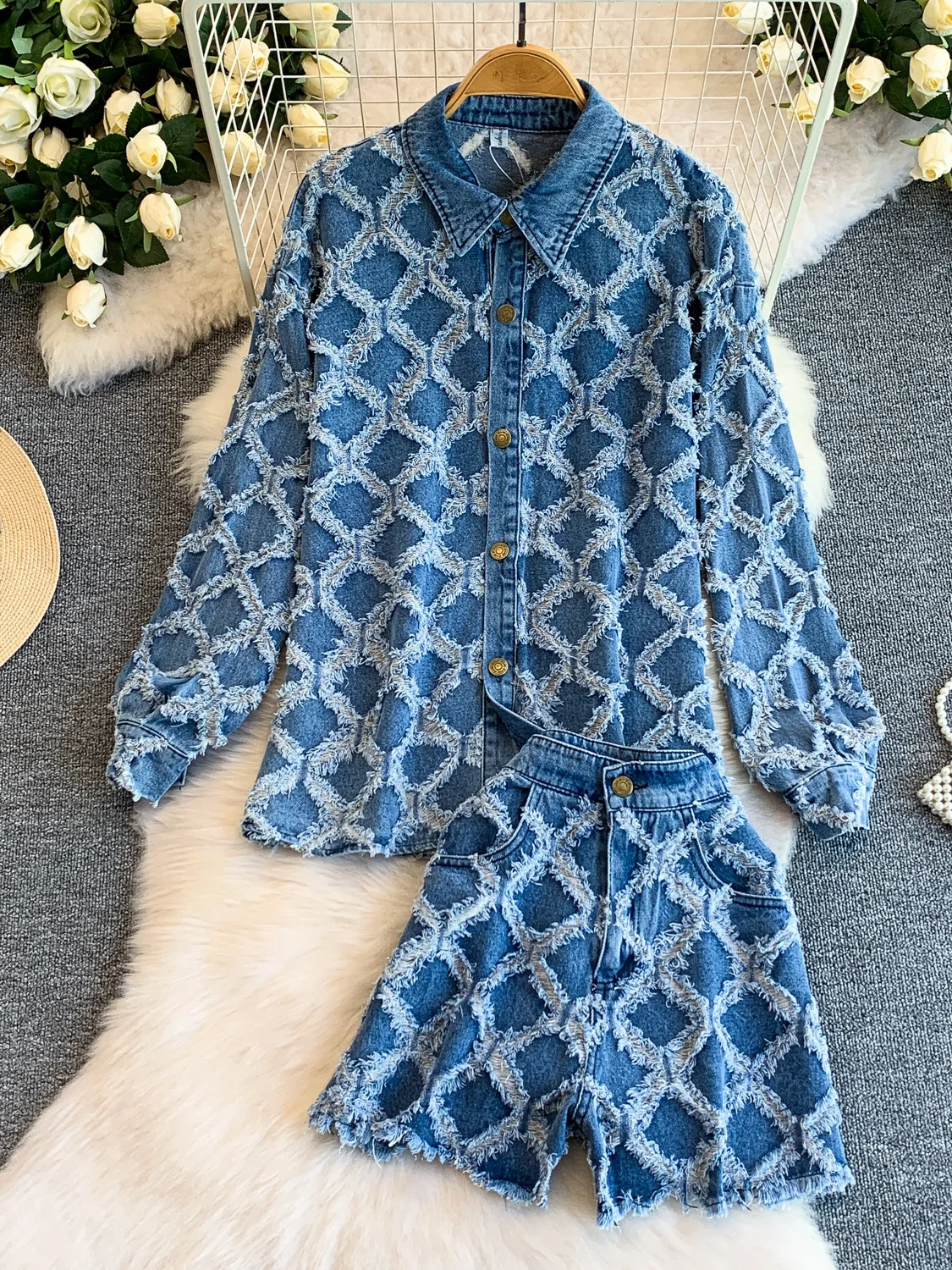 

Retro Chic Loose Plaid Fringed Denim irt And High Waist Slim Wide Leg Pants Two Piece Set Faionable Casual Workwear