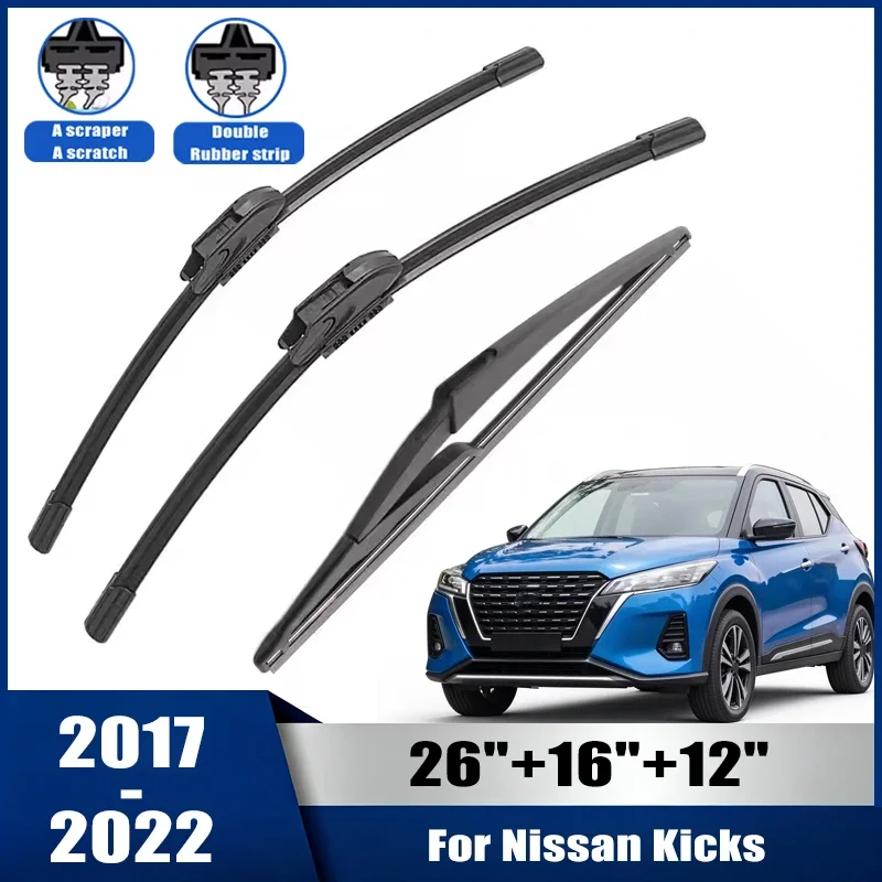 26''+16''+12'' Car Wiper For Nissan Kicks 2017-2022 Front Rear Wiper Blades Brushes Auto Accessories 2018 2019 2020 2021