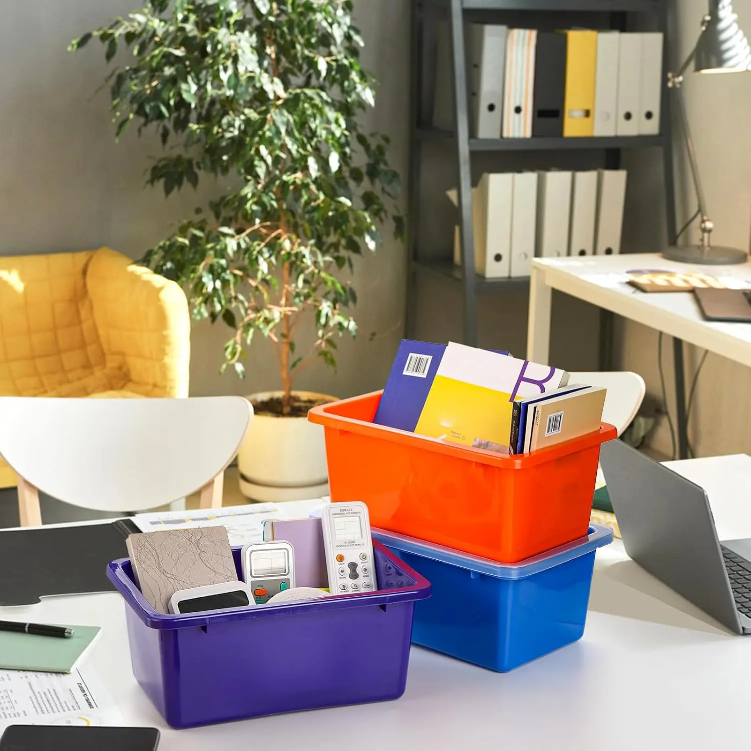 6 Colored Plastic Storage Bins, Small Cubby Bins with Lids, Toy Storage Containers, Stackable Organizer Cubby for Classroom Home