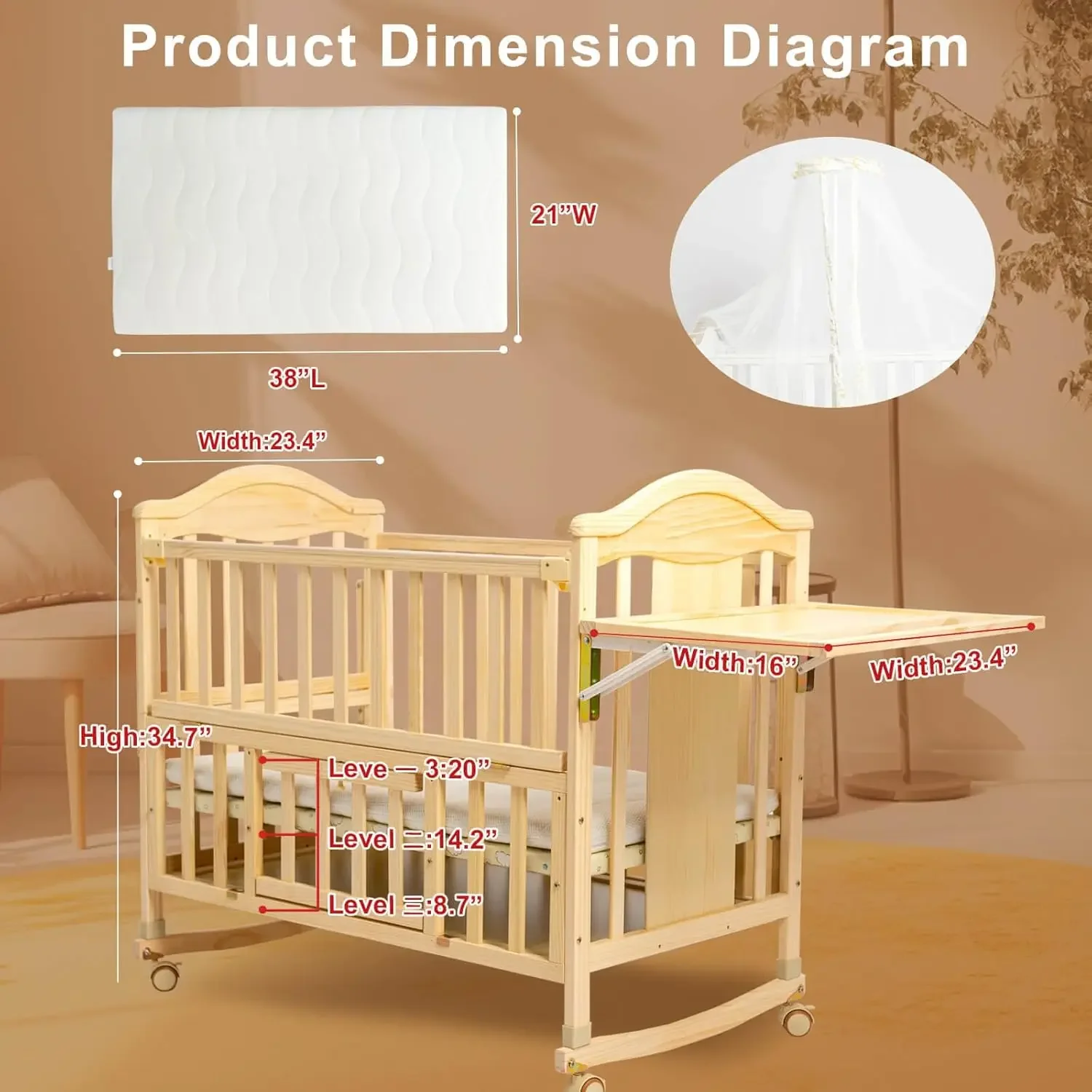 Mini-Babybetten 4-in-1 umwandelbar – Cunas para Bebes mit Wickelregal und Matratze im Lieferumfang enthalten, Babybecken aus Holz 2024