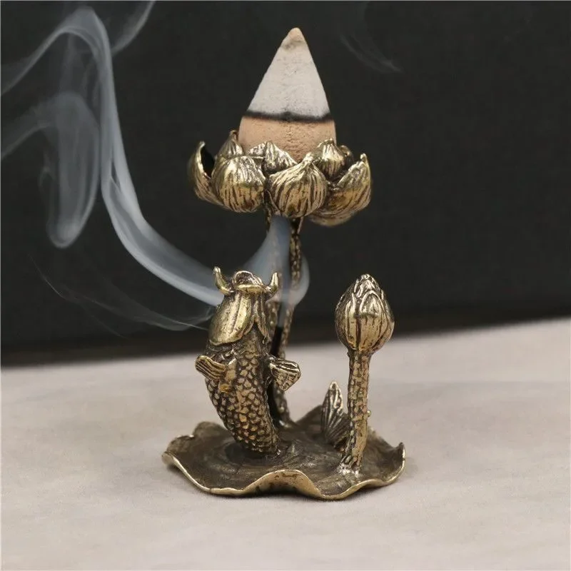 FY Retro Backflow Incense Burners Lotus Bergamot Copper Incense Holder , Mini Metal Desk Home Decoration Ornaments