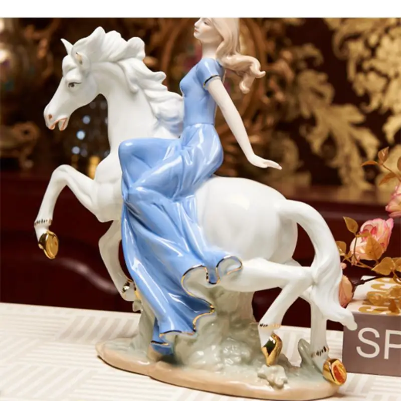 European Style Ceramic Crafts Horse Riding Girl White Figure Statue Living Room Desktop Ornament Home Decoration Gift