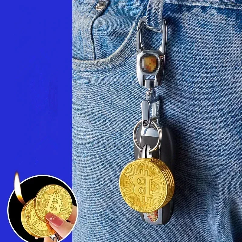 2024 New Creative Bitcoin Butane Gas Lighter Personality Coin Torch Lighter with Keychain Portable Mini Fun Gadgets for Men