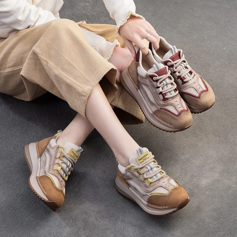 

GKTINOO 2025 новая женская спортивная обувь из натуральной кожи в британском стиле в стиле ретро, разноцветная женская спортивная обувь, дышащая повседневная обувь на плоской подошве с сеткой