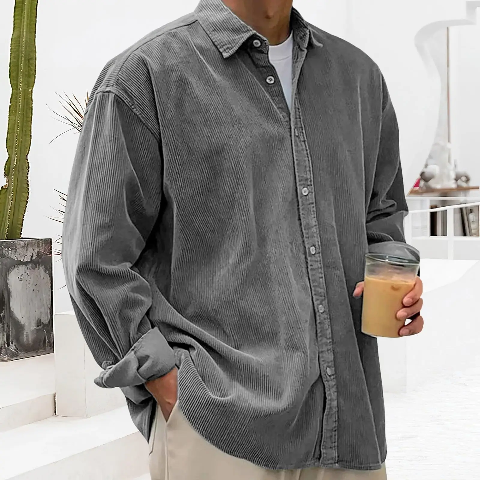 Corduroy Long Sleeve Shirt Men's Loose Casual Style Autumn Winter Thickened Outerwear Fashionable Brand Teenager Suitable