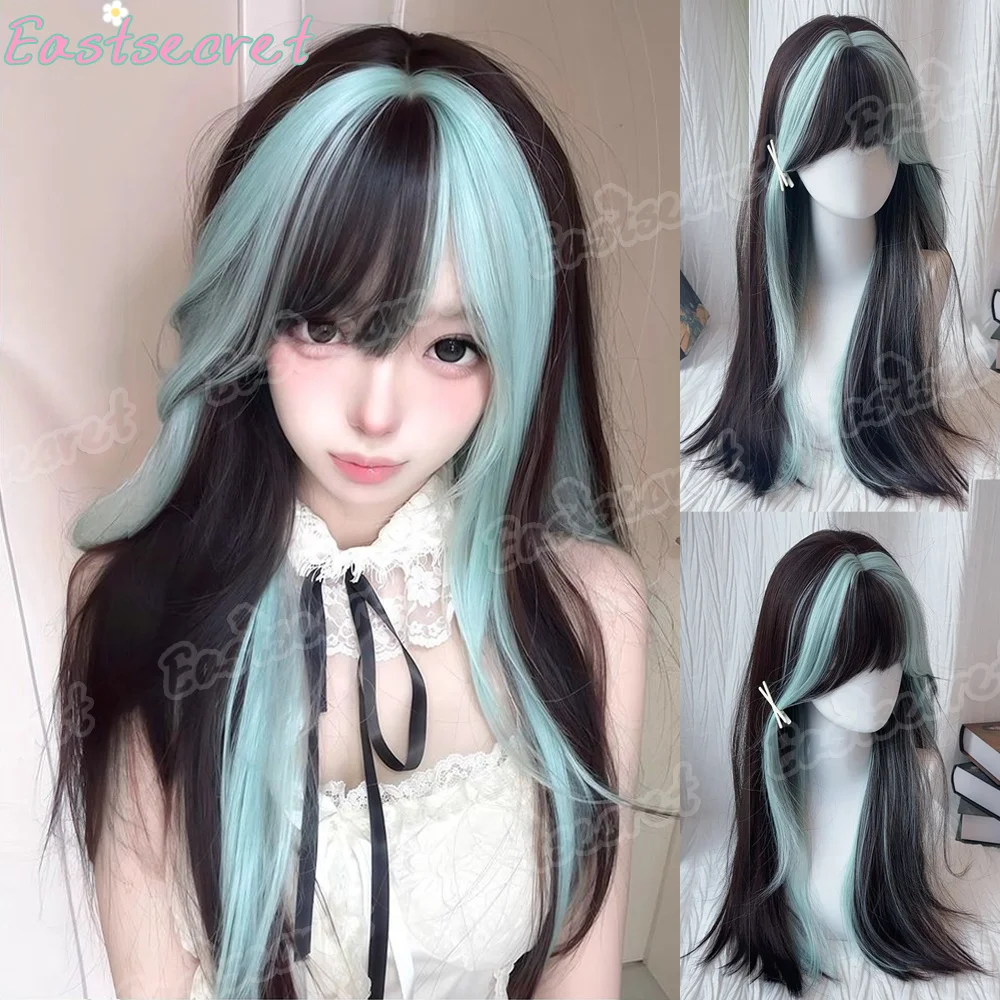 Cosplay Wig With Bangs Synthetic Straight Hair Double Ponytail Wig Heat-Resistant Chocolate Color Highlight Pink Wig For Women