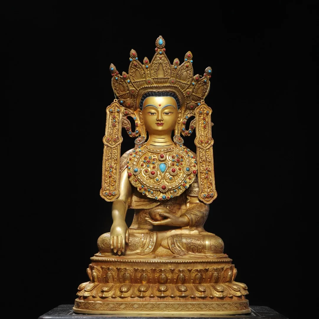 Tibetan Brass Gilt Painting Face Antique Gem Awakening Buddha Statue Home Hall Devotion Supplies Ornament 51cm