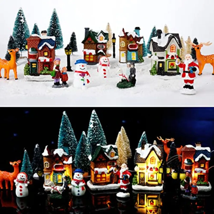 

31 Pcs Christmas Village Figurines Decoration Set Lighted LED Christmas Village Houses with Figurines Snow Blanket Roll for Xma