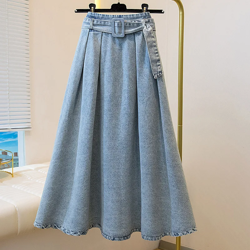 

Retro Washed Women A-line Denim Skirts Blue High Waist Chic Lace Up Jean Skirt Spring Autumn Versatile Mid-Length Ladies Skirts