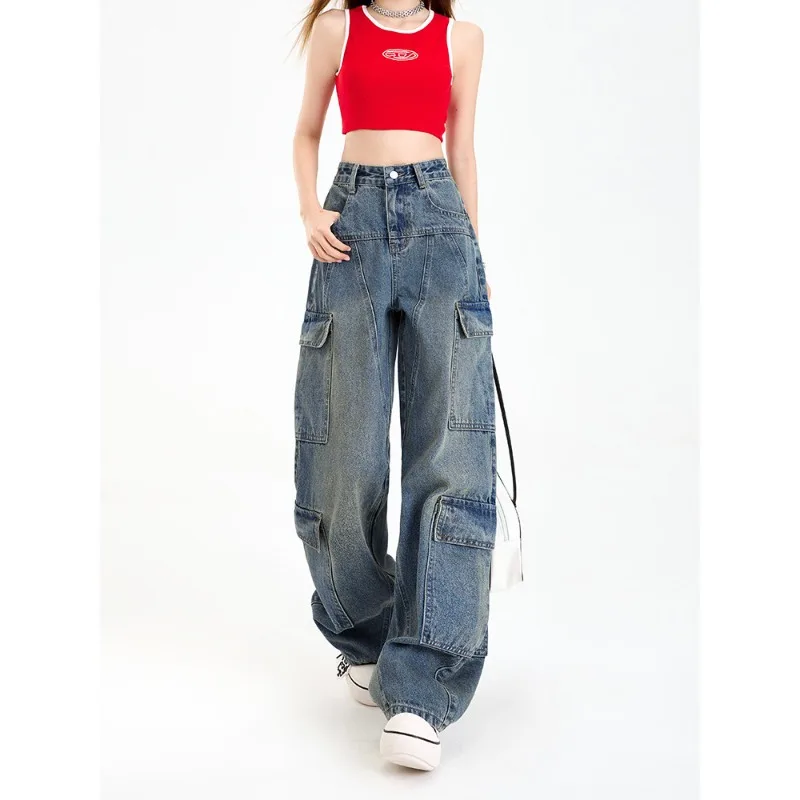 New High-quality Women's Multi-pocket Jeans Spring Autumn High-waisted Overalls Fashion Female Loose Wide-leg Denim Trousers