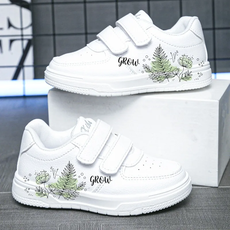 JGSHOWKITO Kids White Sneakers with Plant Leaves Prints Fashion Special Boys Girls Casual Running Shoes Soft Non-slip Classic