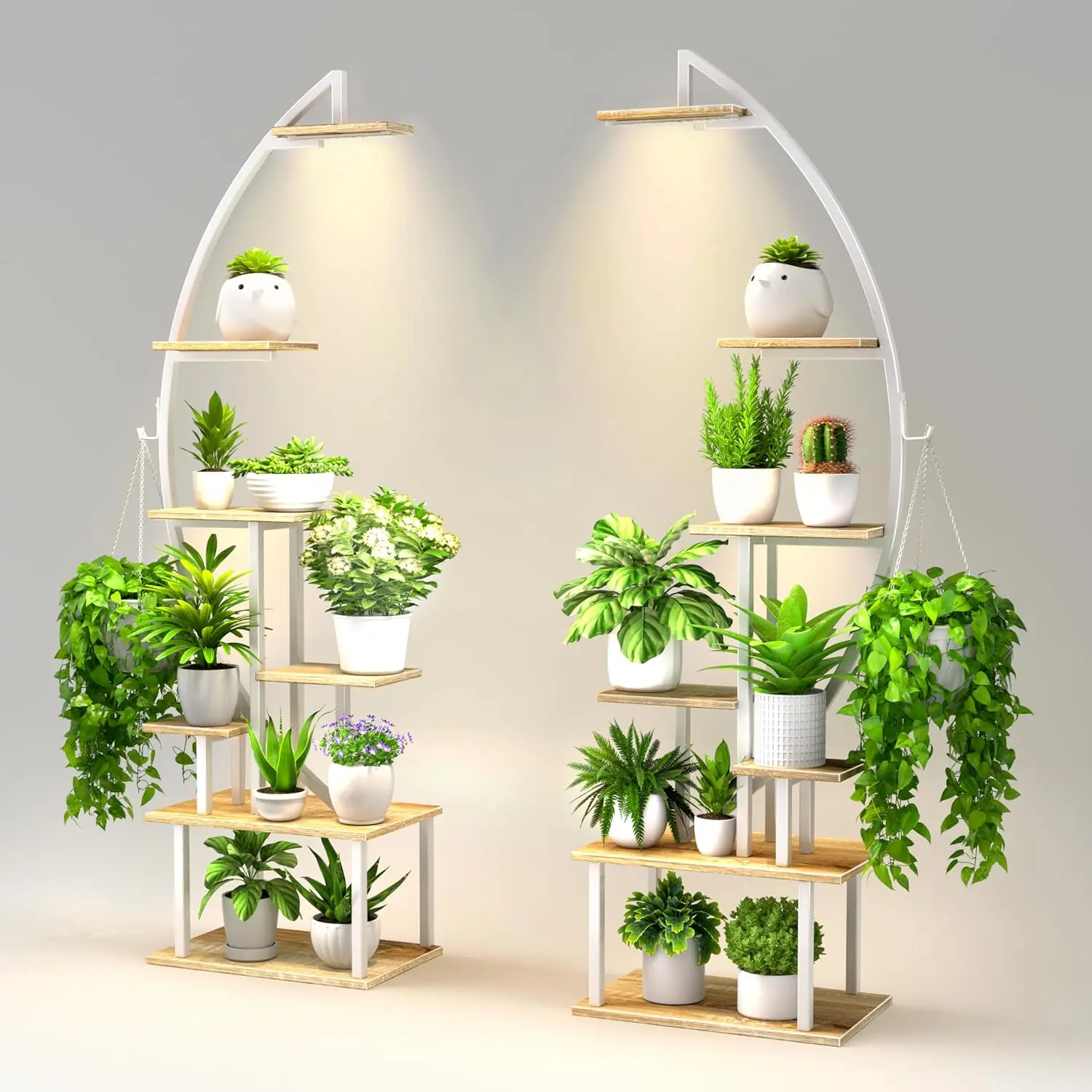 

7 Tier Half-Moon Metal Plant Stand with Grow Lights - White, Large Indoor Plant Shelf for Living Room/Patio