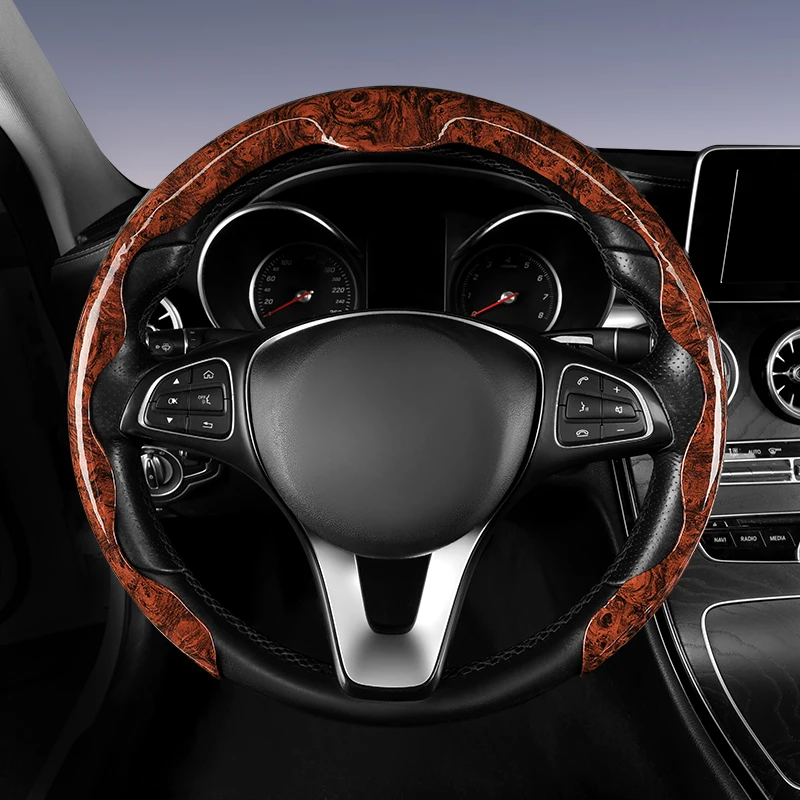 Automotive peach wood grain steering wheel cover ultra-thin all season universal anti slip and sweat absorbing half set card