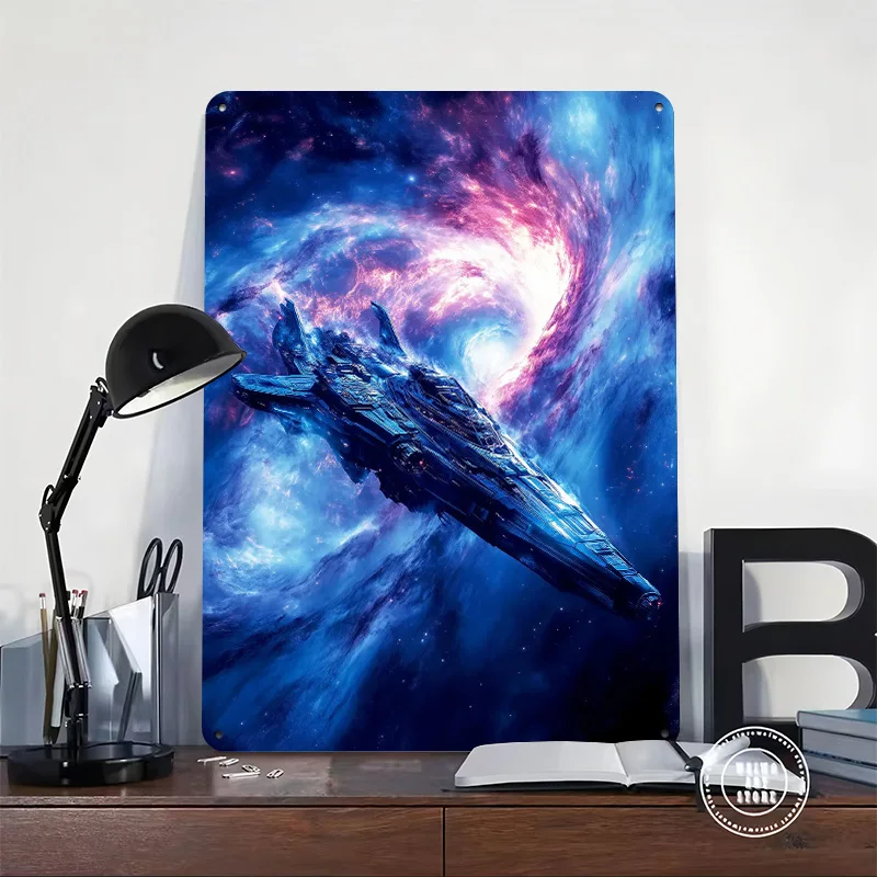 Spaceship in Nebula Poster Retro 3D Printed Metal Signs Customized Wall Hanging Gift for Home Decorations Living Room Wand Deko