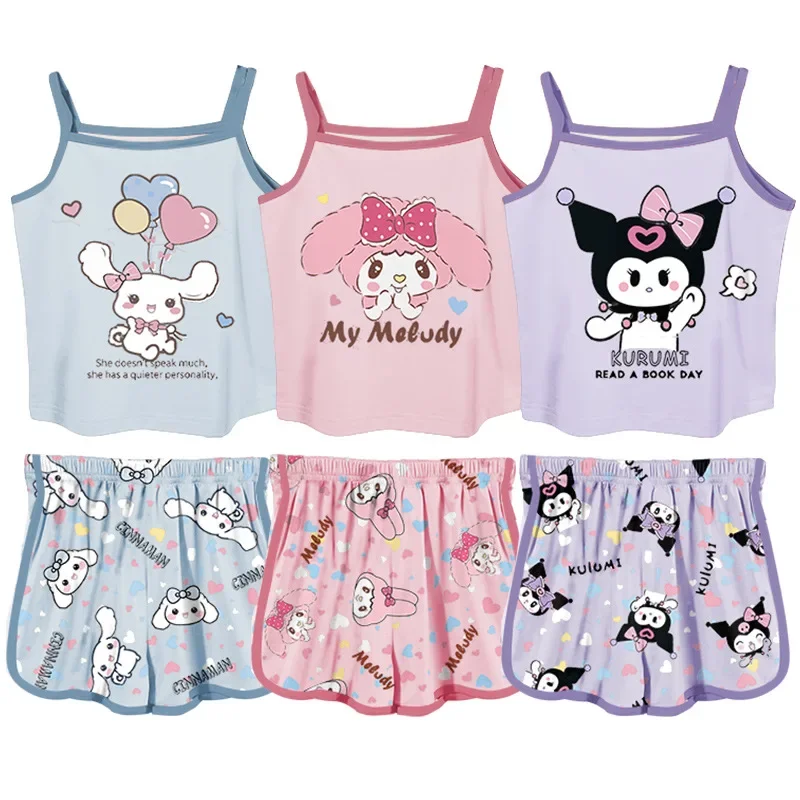 MINISO Sanrio Children's Camisole Pajamas Girls Summer My Melody Cotton Cartoon Cute Home Clothes Cinnamoroll Thin Camisole Set