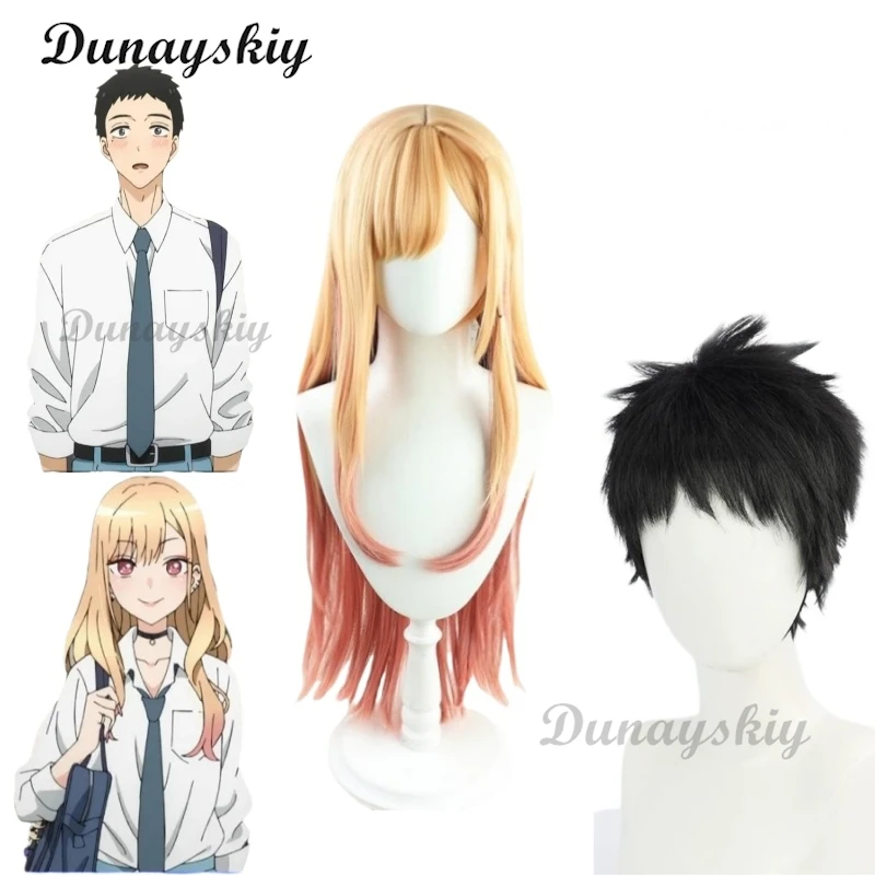 Gojo Wakana/Kitagawa Marin pelucas de Cosplay de Anime Gojo Wakana pelo corto negro Kitagawa Marin pelo largo amarillo para fiesta de Halloween