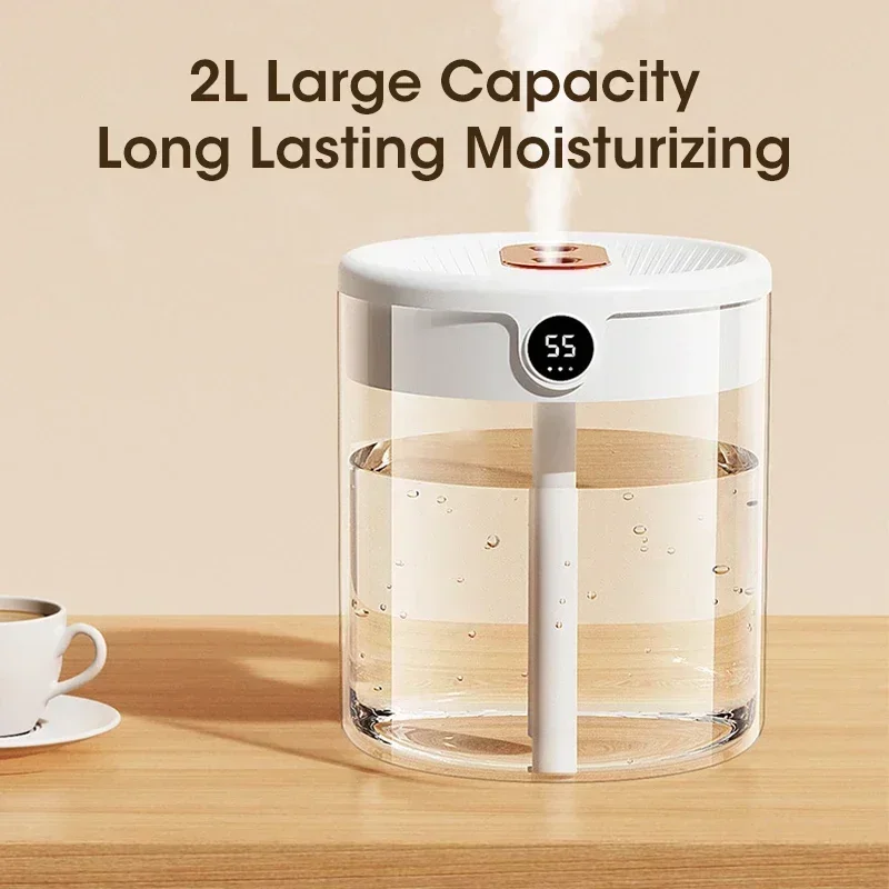 デュアルスプレー加湿器,USB充電付き,大容量,インテリジェント常夜灯,デジタルディスプレイ,オフィス,2l