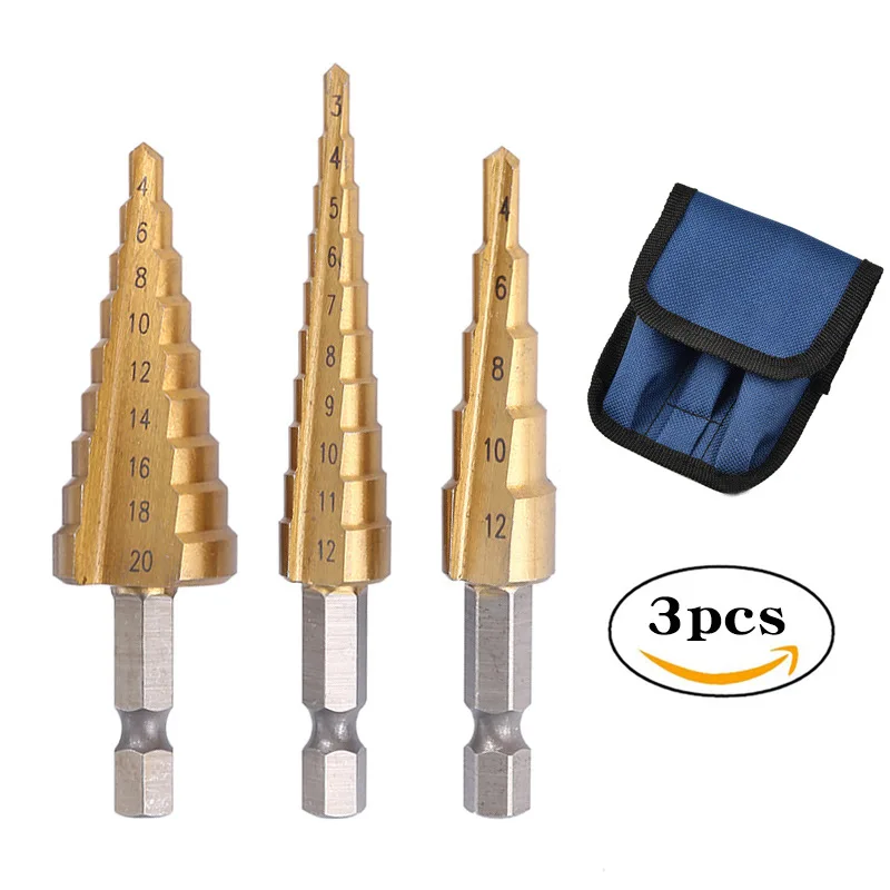 3-12 4 -12 4-20MM HSS Straight Fluted Pagoda Step Drill 3Pcs Cloth Bag Hex Shank Reamer Bit Set Titanium Coated Wood Metal Hole