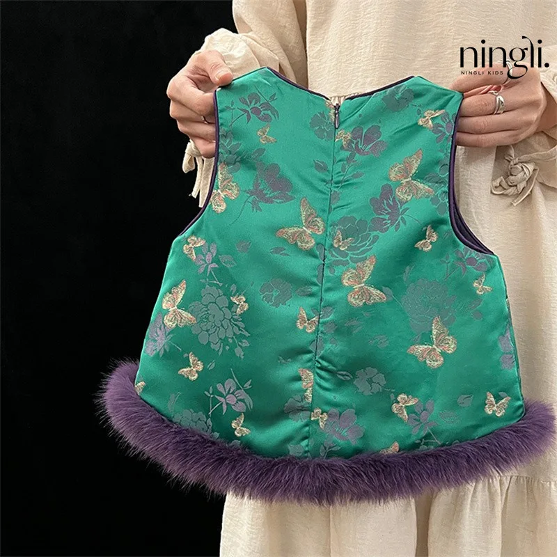 Girl Vest Autumn Winter 2024 Chinese Style Satin Fabric New Chinese Style Waistcoat Cheongsam Casual Simple Fashion Sweet Cute