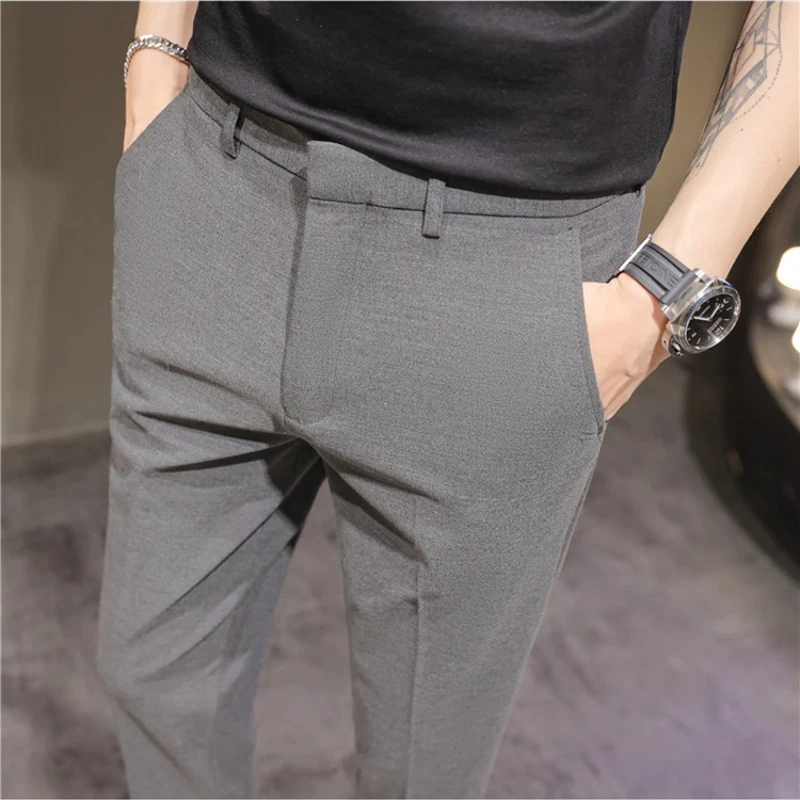 2025 Summer Thin Navy Blue Micro Elastic Ankle-Length Pants for Men, Khaki Small Footed Men's Casual Cropped Trousers,Asian Size