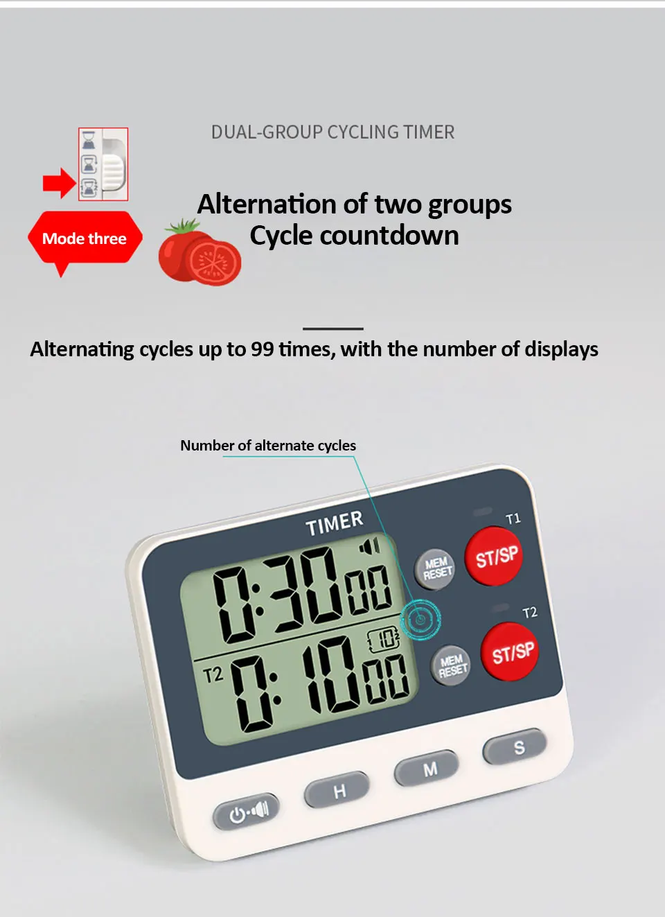 Digitaler Dual-Küchentimer mit magnetischer Rückseite und Speicher-Voreinstellungen, 2 Gruppen Countdown/Up Stoppuhr-Timer zum Kochen, Backen – Detail 5