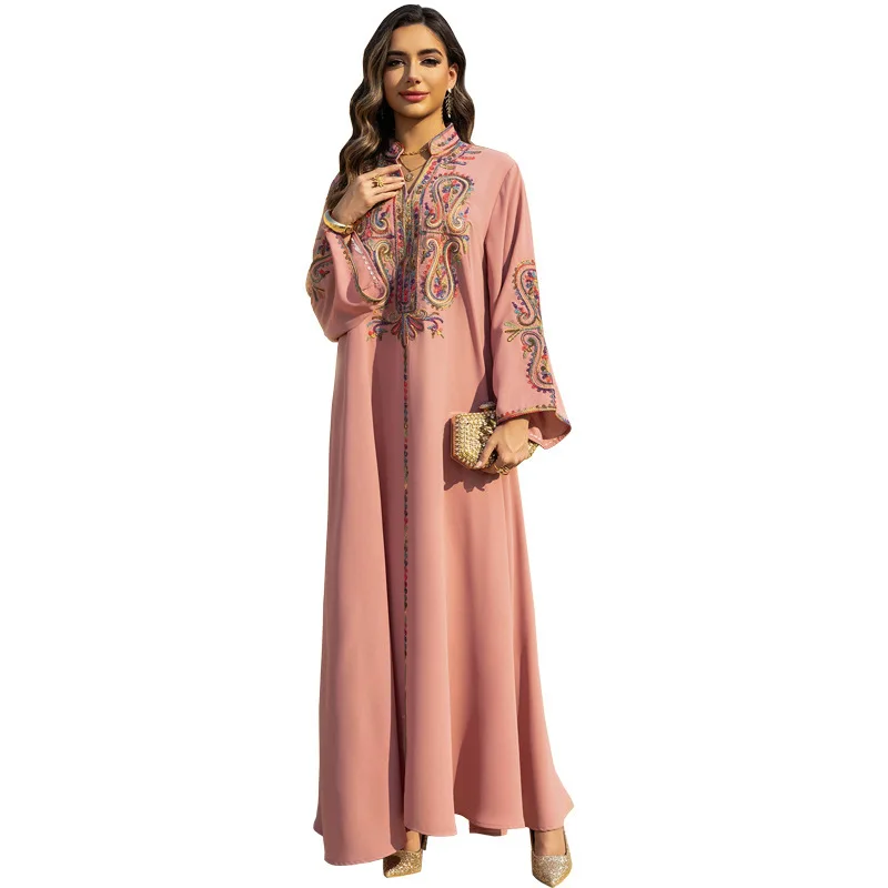 [Vibe] Roupas muçulmanas Robe feminino de manga comprida com corda bordada vestido bordado